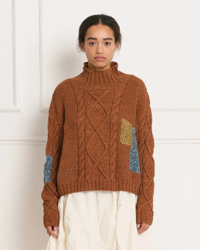 Elegant Ensemble Cable Funnel Neck - Brown Darn Knit