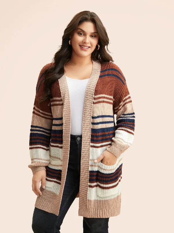 Chic Trend Collection Contrast Striped Pocket Drop Shoulder Cardigan