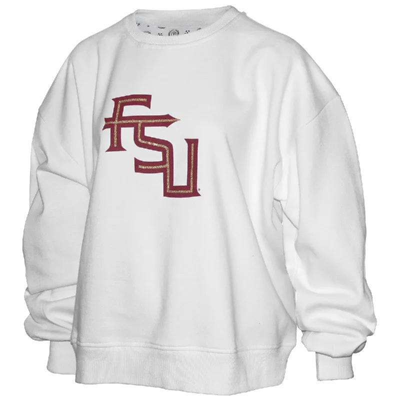 Classic Appeal Pressbox Women's Glittered Stacked FSU/Go Noles Design Oversized Crew Fleece - White