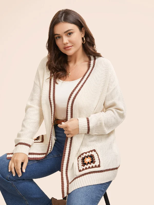 Forward Trendsetter Crochet Floral Patch Pocket Drop Shoulder Cardigan