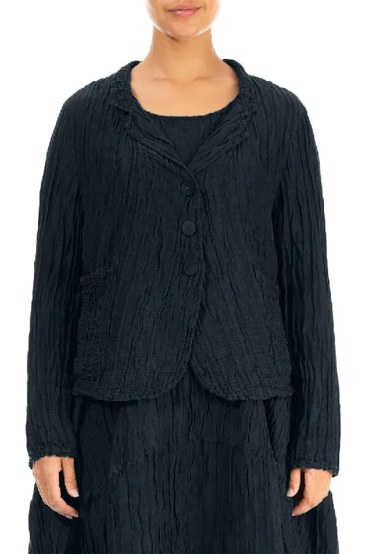 Mid - Season Sale Short Crinkled Midnight Blue Silk Jacket