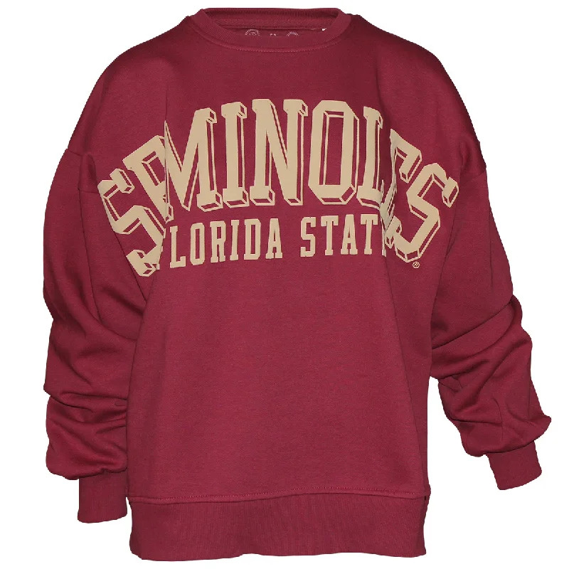 Refined Look Pressbox Women's Seminoles Florida State Puff Print Design Oversized Crew Fleece - Garnet