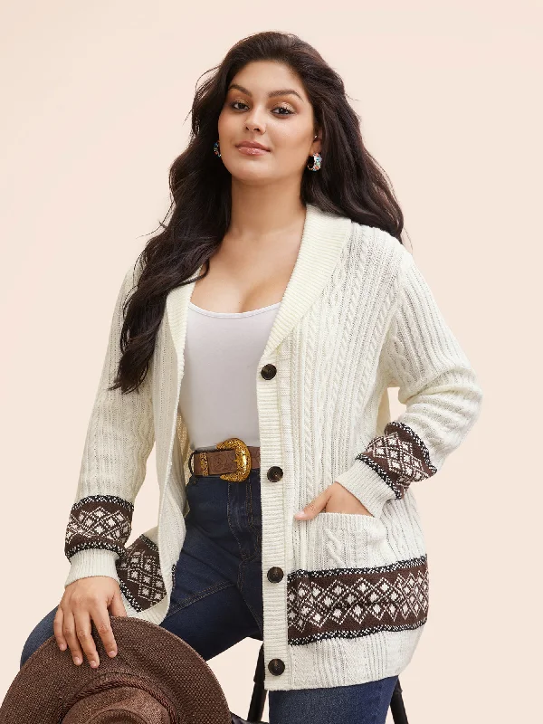 Trendy And Individual Women's Fashion Cable Knit Pockets Collared Cardigan