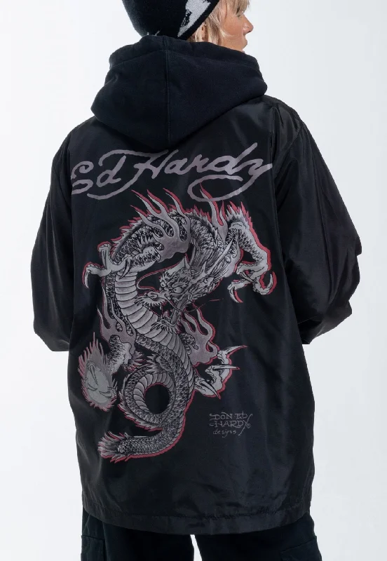 Timeless Elegant Womens Fireball Dragon Coach Jacket - Black