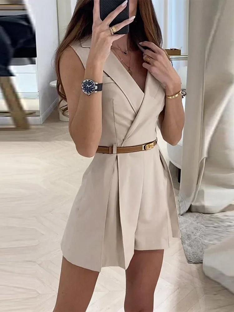 Trend Forward Threads For Her Women's Turn Down Collar Fashion Designer Belted Playsuit Rompers