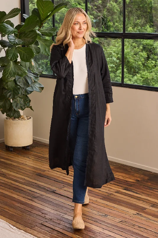 Wardrobe Essentials Long Line Fringed Linen Duster Jacket in Black