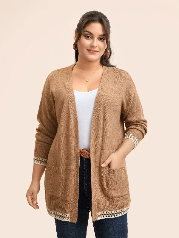 Trend Forward Women's Wear Crochet Contrast Wool Blend Cardigan